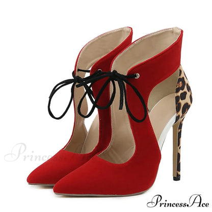Leopard Print Cross-Tied High Heel Sandals - Pointed Toe Wedding Shoes Red / 35