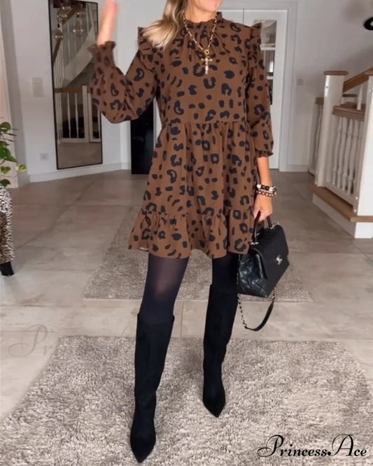 Leopard print dress with long sleeves Brown / S
