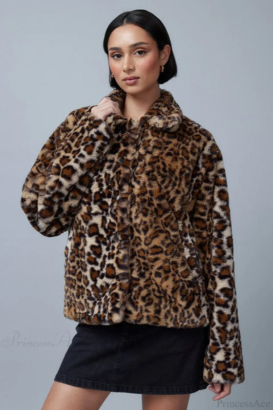 Leopard Print Faux Fur Collar Vintage Coat