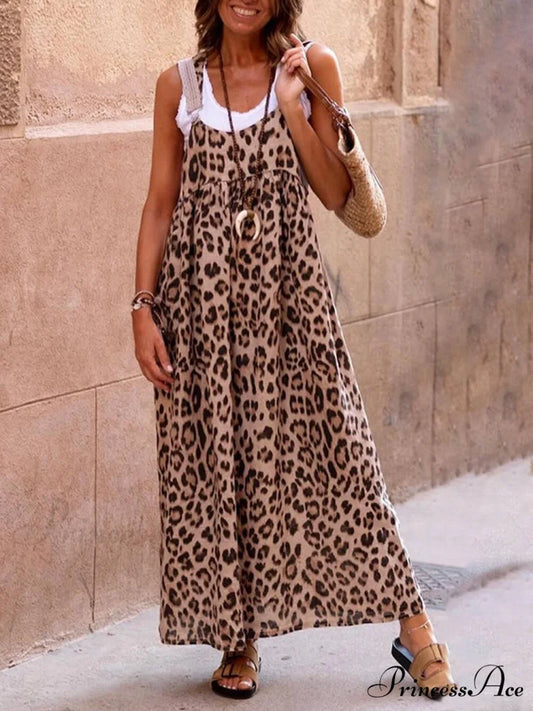 Leopard Print Patchwork Charming Suspender Maxi Dress Multicolor / S