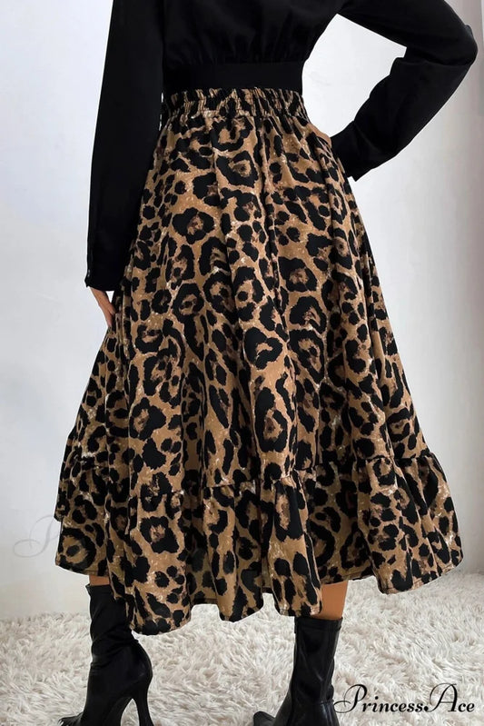 Leopard Print Pleated High Waist Skirt Brown / L