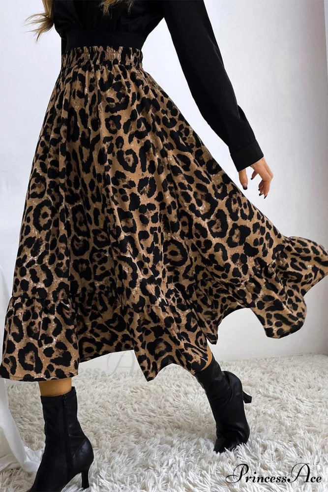 Leopard Print Pleated High Waist Skirt Brown / M