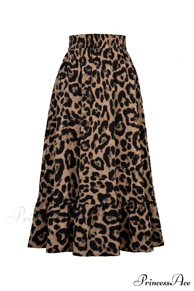 Leopard Print Pleated High Waist Skirt Brown / S