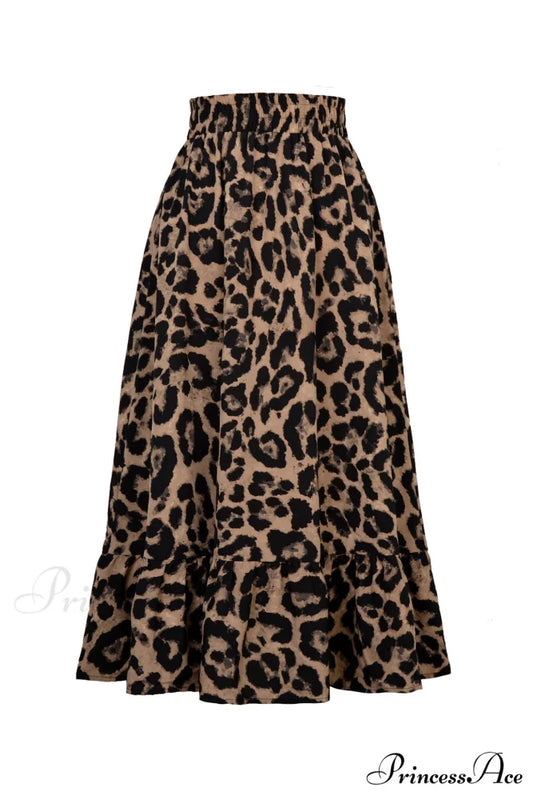 Leopard Print Pleated High Waist Skirt Brown / S