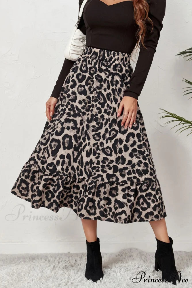 Leopard Print Pleated High Waist Skirt Grey / L