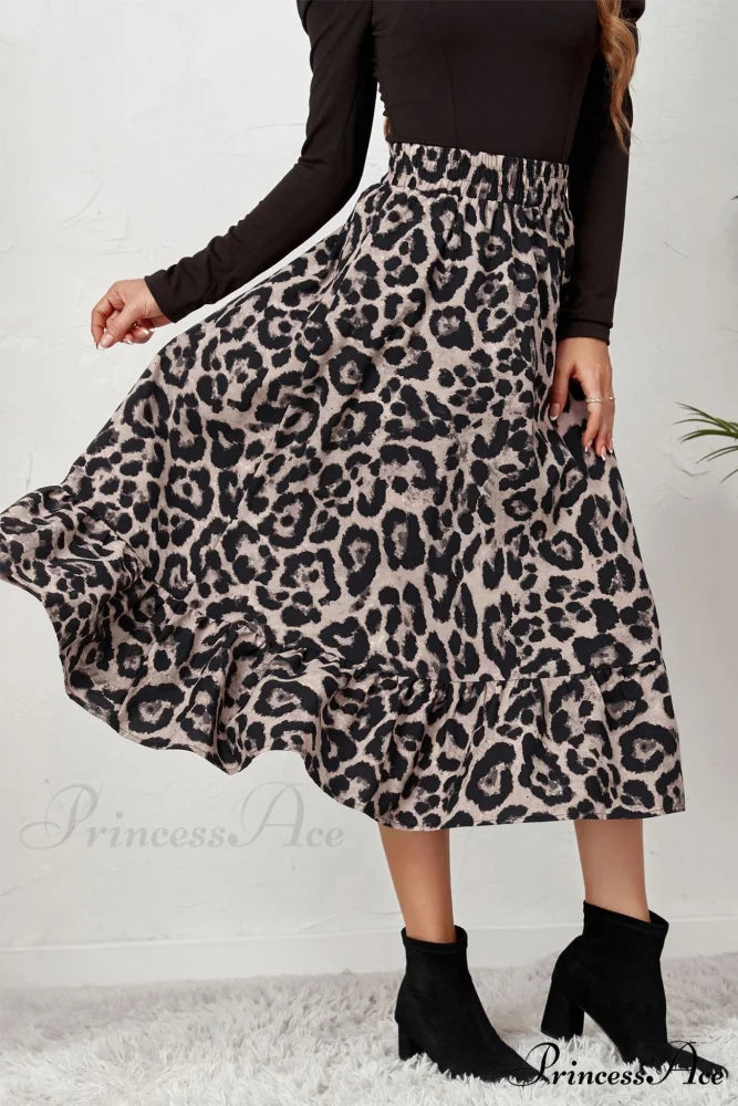 Leopard Print Pleated High Waist Skirt Grey / M