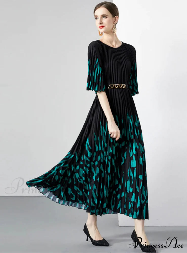 Leopard Print Pleated Loose Dress