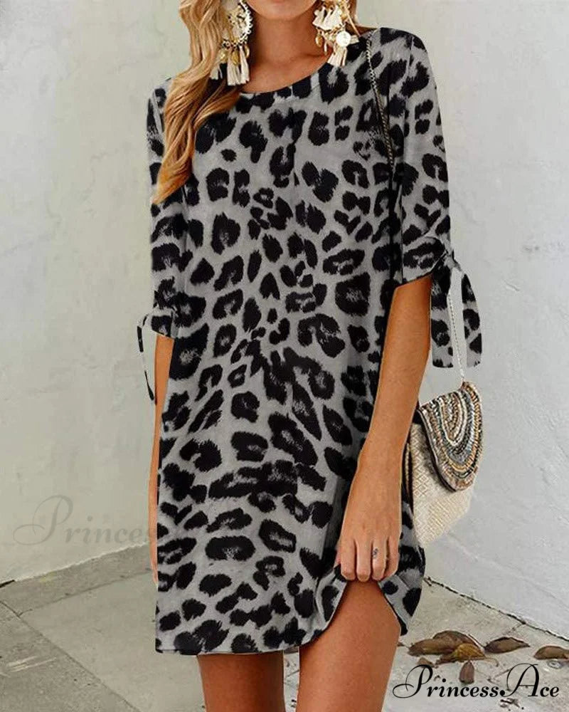 Leopard Print Round Neck Dress Black / S