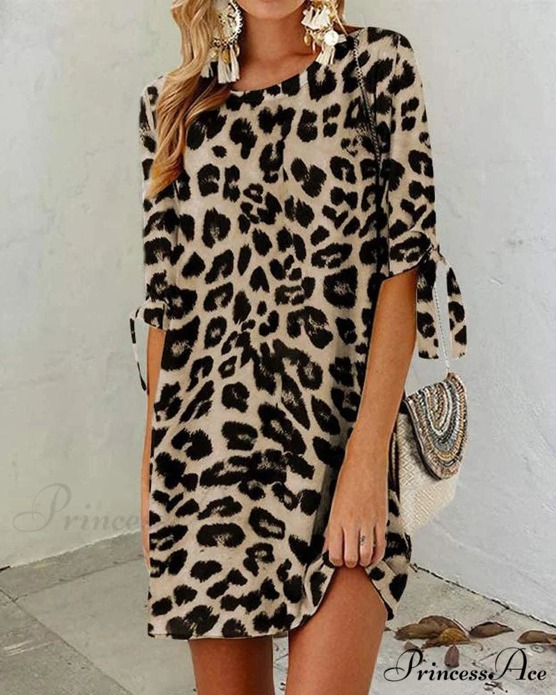 Leopard Print Round Neck Dress Khaki / S