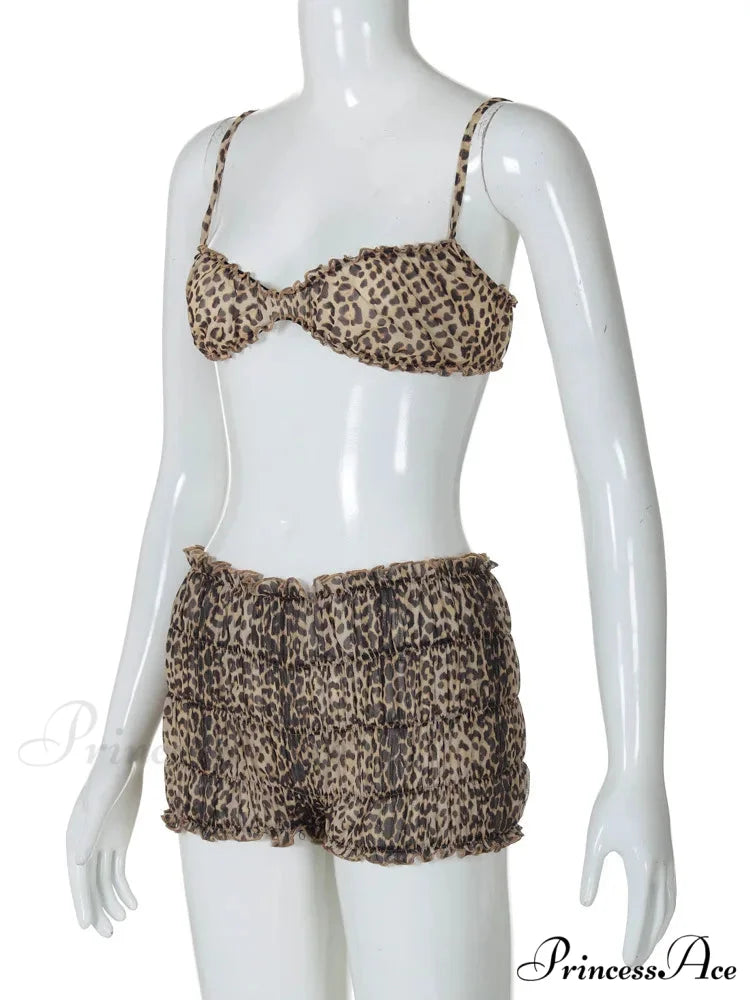 Leopard Print Ruffles Cami Graceful Bra Top and Shorts Set