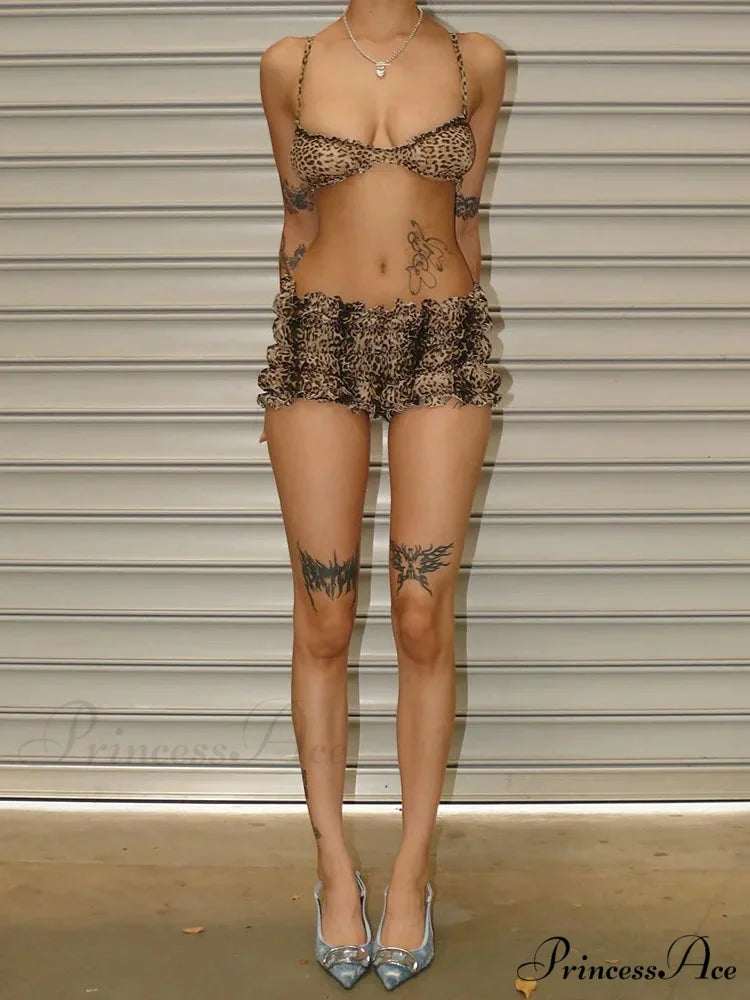 Leopard Print Ruffles Cami Graceful Bra Top and Shorts Set