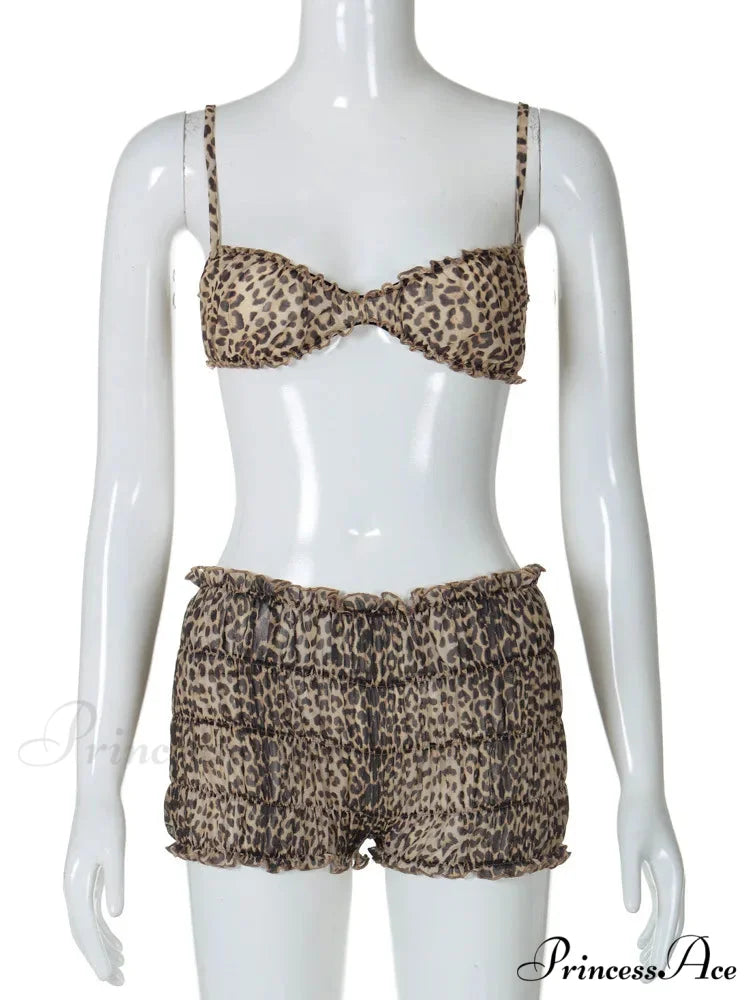 Leopard Print Ruffles Cami Graceful Bra Top and Shorts Set
