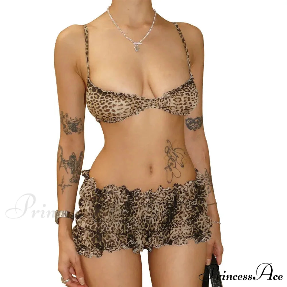 Leopard Print Ruffles Cami Graceful Bra Top and Shorts Set leopard / S