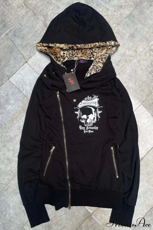 Leopard Print Streetwear Slim Asym Zip Hoodie