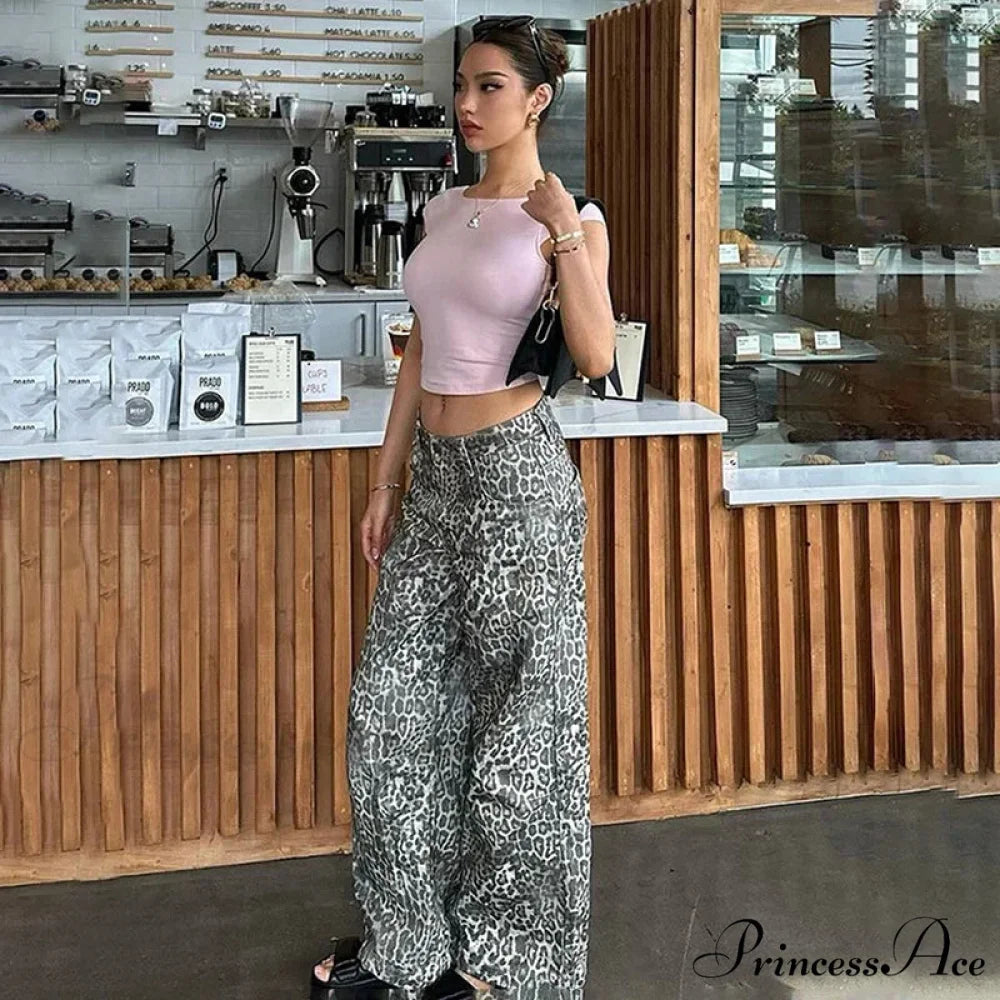 Leopard Print Stylish Straight Trousers Gray / S