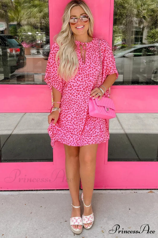 Leopard Print V-Neck Lace-Up Half-Sleeve Dress S / khaki leopard print