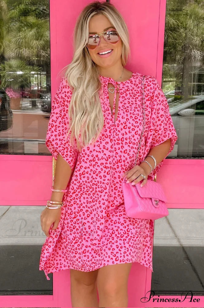 Leopard Print V-Neck Lace-Up Half-Sleeve Dress S / pink leopard print