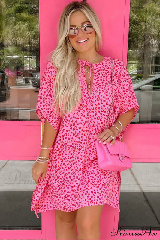 Leopard Print V-Neck Lace-Up Half-Sleeve Dress S / pink leopard print
