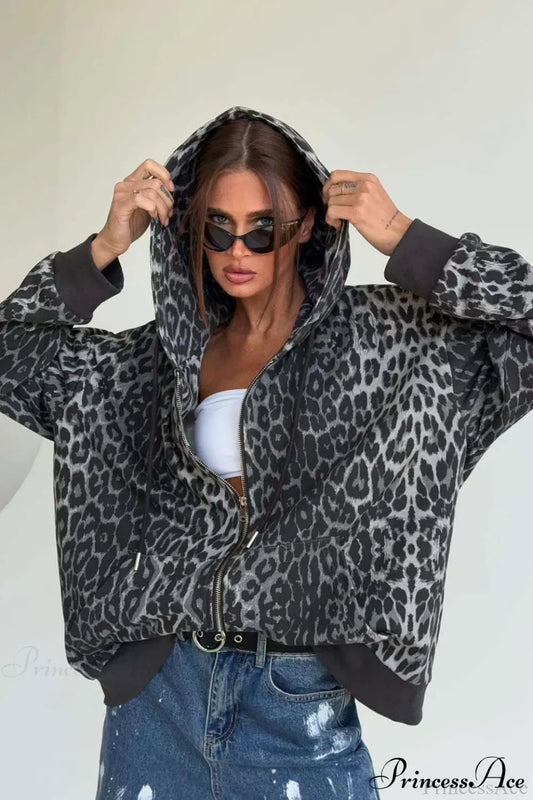Leopard Print Zip Color-Block Hoodie