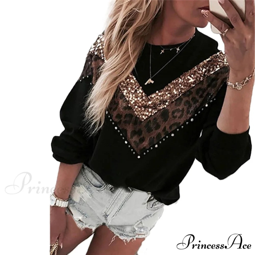 Leopard Printed Long Sleeve Casual Slim O-Neck Pullover