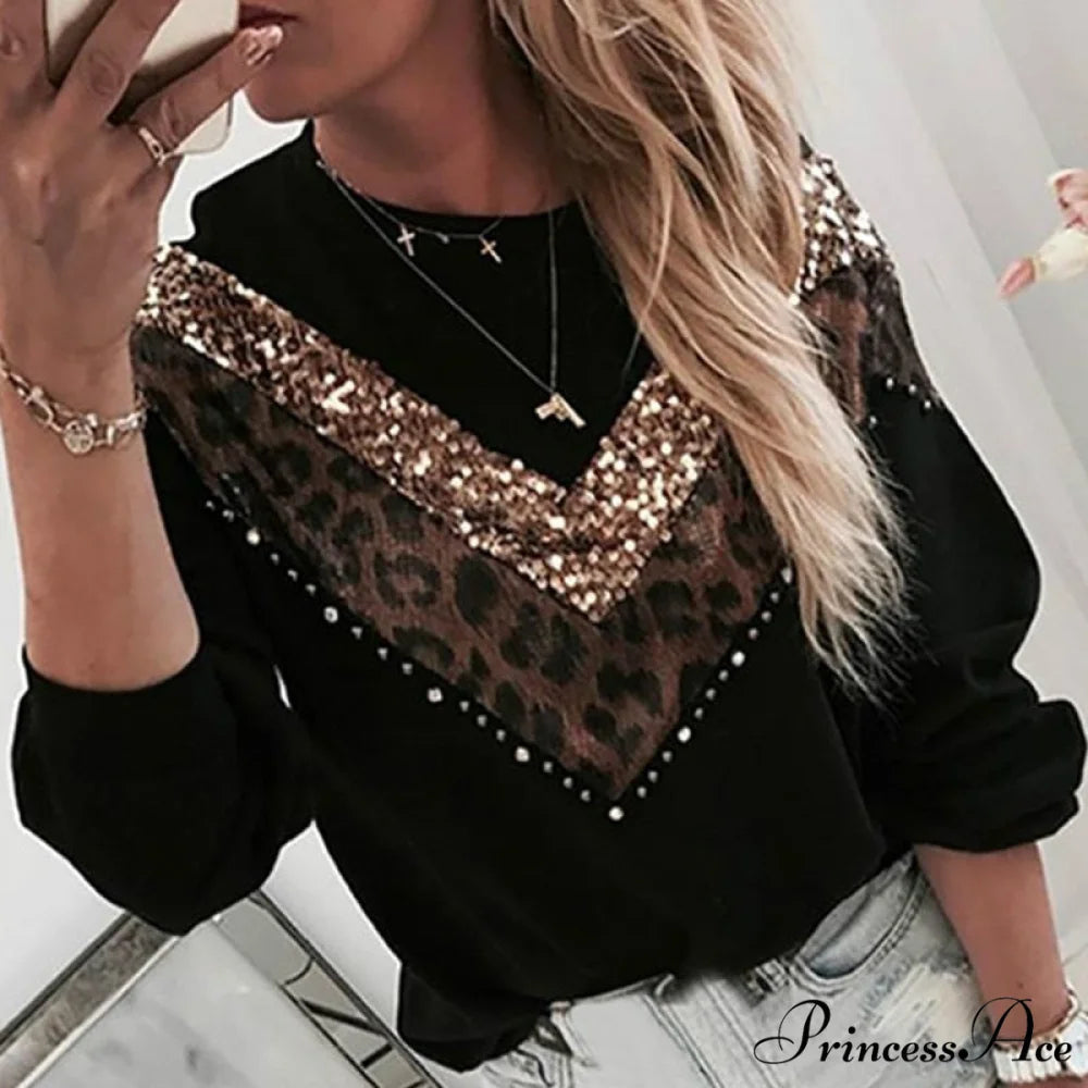 Leopard Printed Long Sleeve Casual Slim O-Neck Pullover S / Black