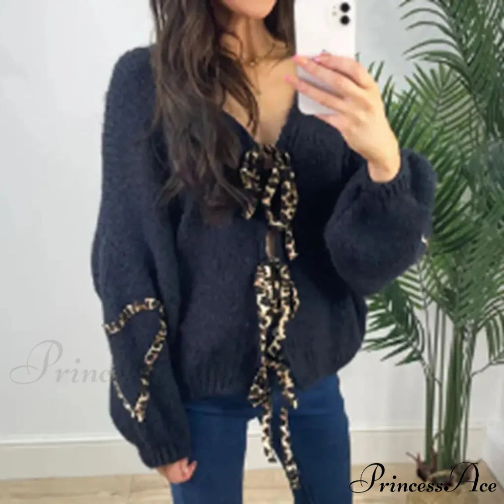 Leopard Ribbon Tie V-neck Cardigan black / S