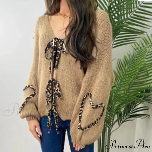 Leopard Ribbon Tie V-neck Cardigan brown / S