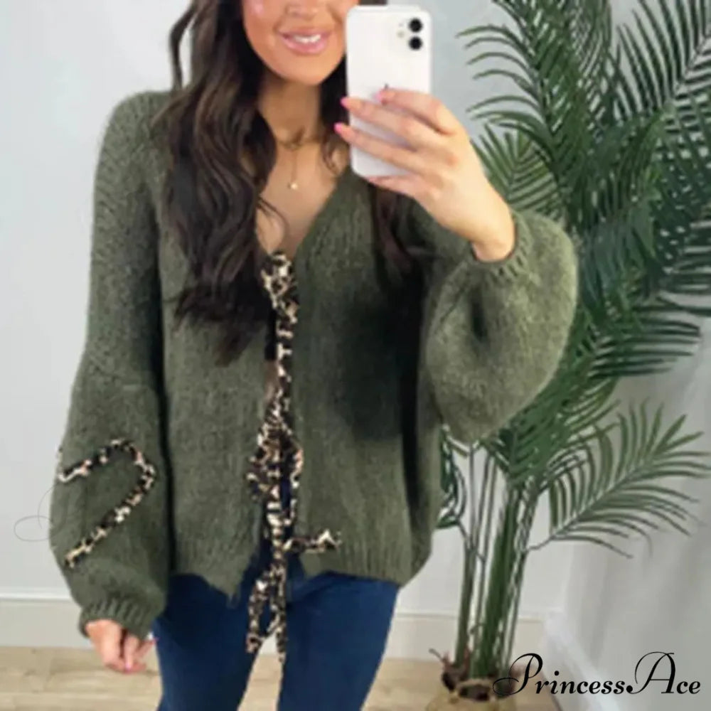 Leopard Ribbon Tie V-neck Cardigan green / S