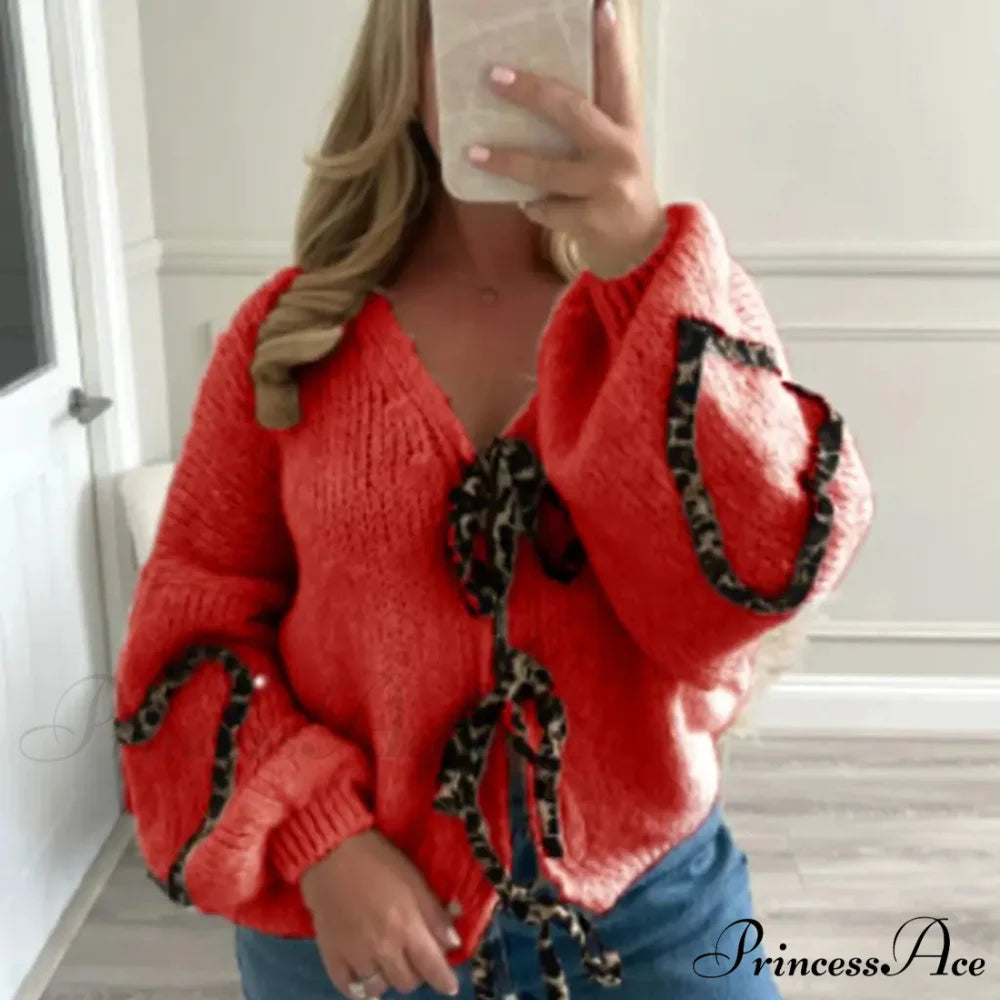 Leopard Ribbon Tie V-neck Cardigan red / S