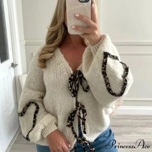 Leopard Ribbon Tie V-neck Cardigan white / S