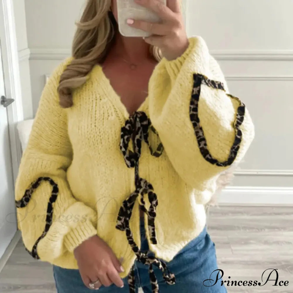 Leopard Ribbon Tie V-neck Cardigan yellow / S