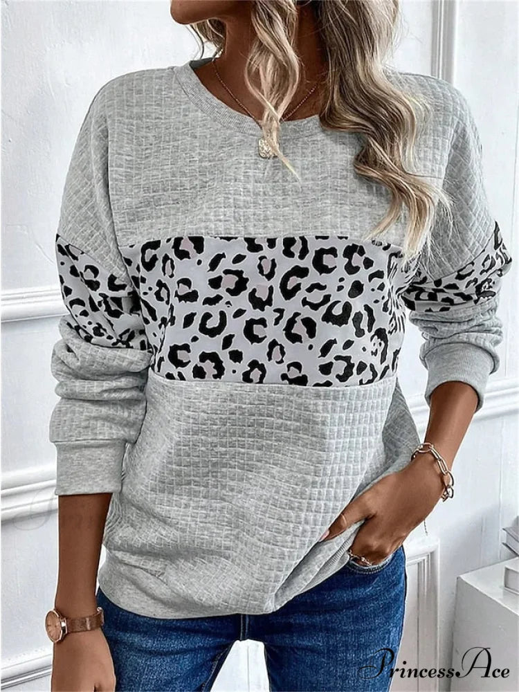 Leopard Women’s Arm Casual Sweatshirt Neck Round Long Gray Pullover Top