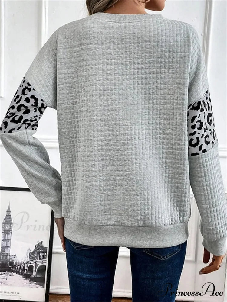 Leopard Women’s Arm Casual Sweatshirt Neck Round Long Gray Pullover Top
