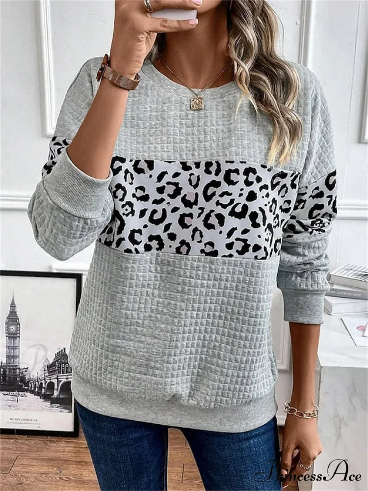 Leopard Women’s Arm Casual Sweatshirt Neck Round Long Gray Pullover Top