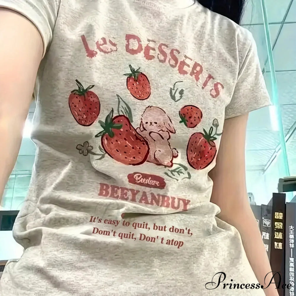Les Dessert Strawberry & Graceful Letter Print Short Sleeve T-Shirt GRAY / M