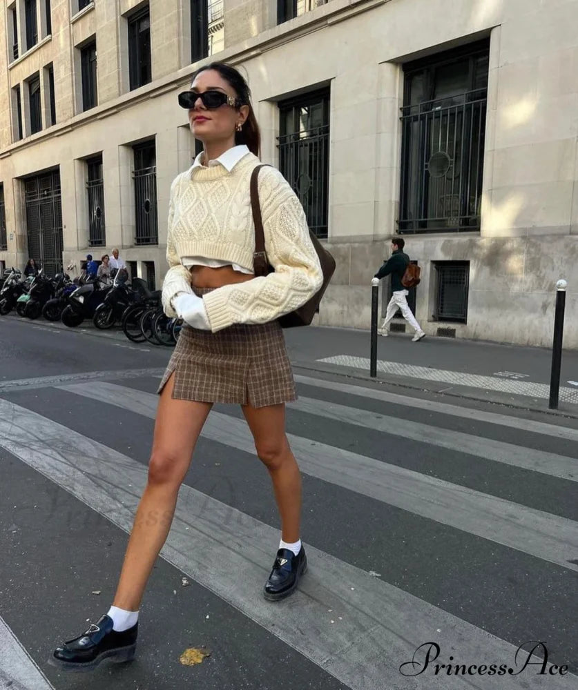 LESLIE Elegant CROPPED SWEATER Beige / M