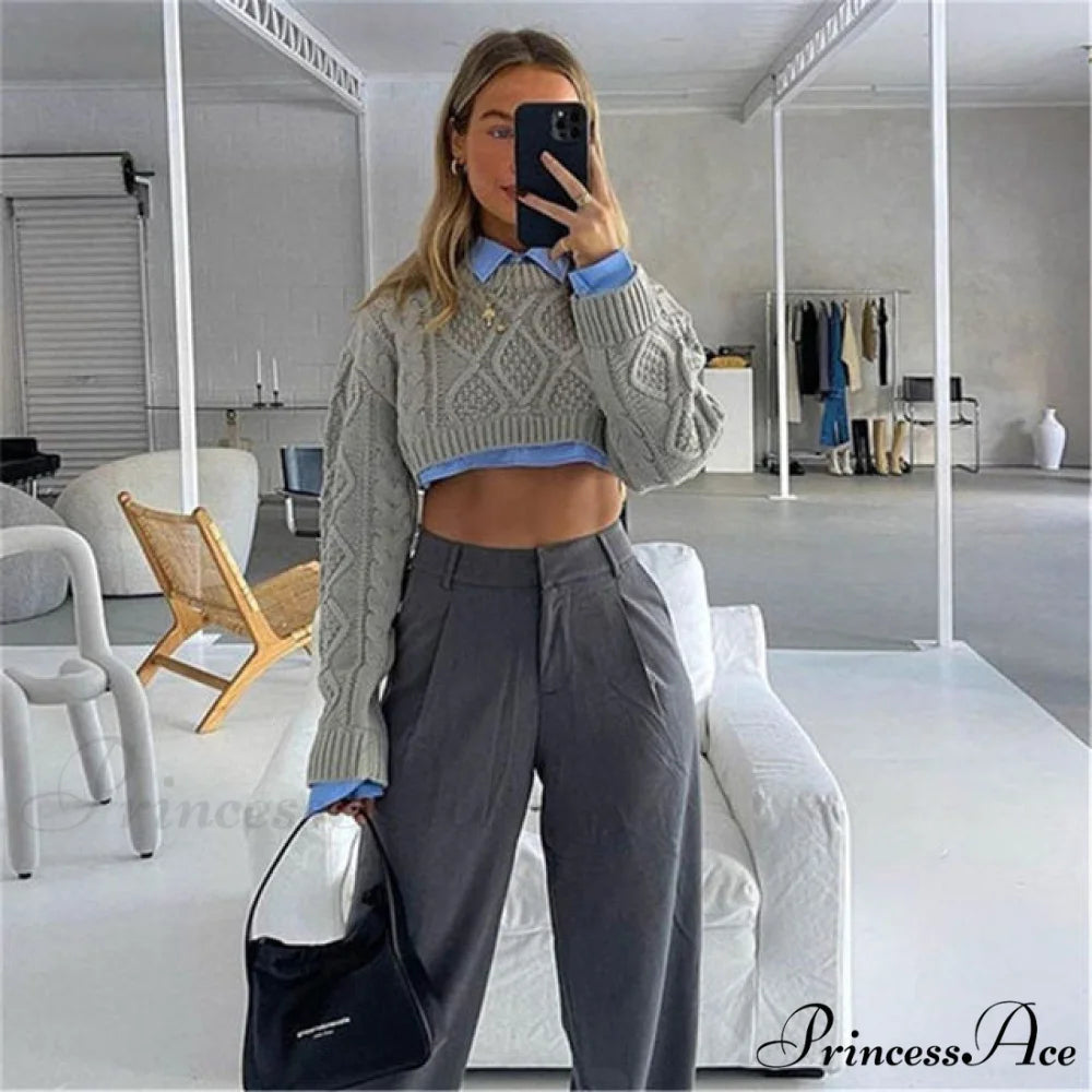 LESLIE Elegant CROPPED SWEATER Grey / L