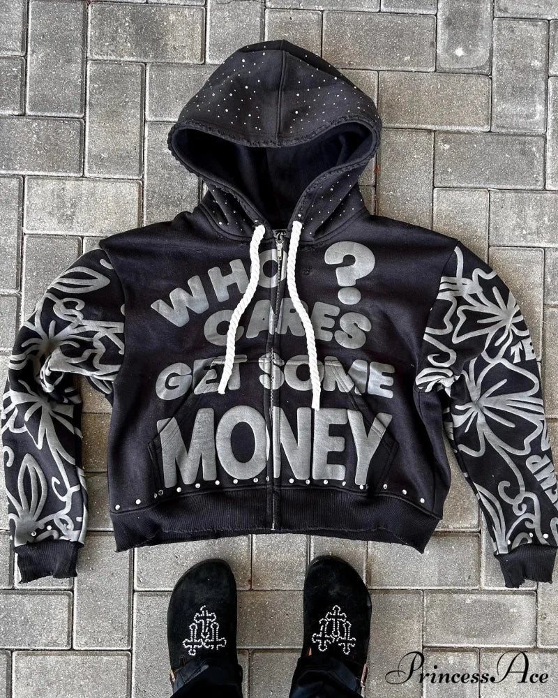 Letter Design Zip Hoodie black 2 / M hoodies-241228
