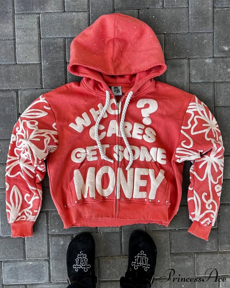 Letter Design Zip Hoodie red / M hoodies-241228