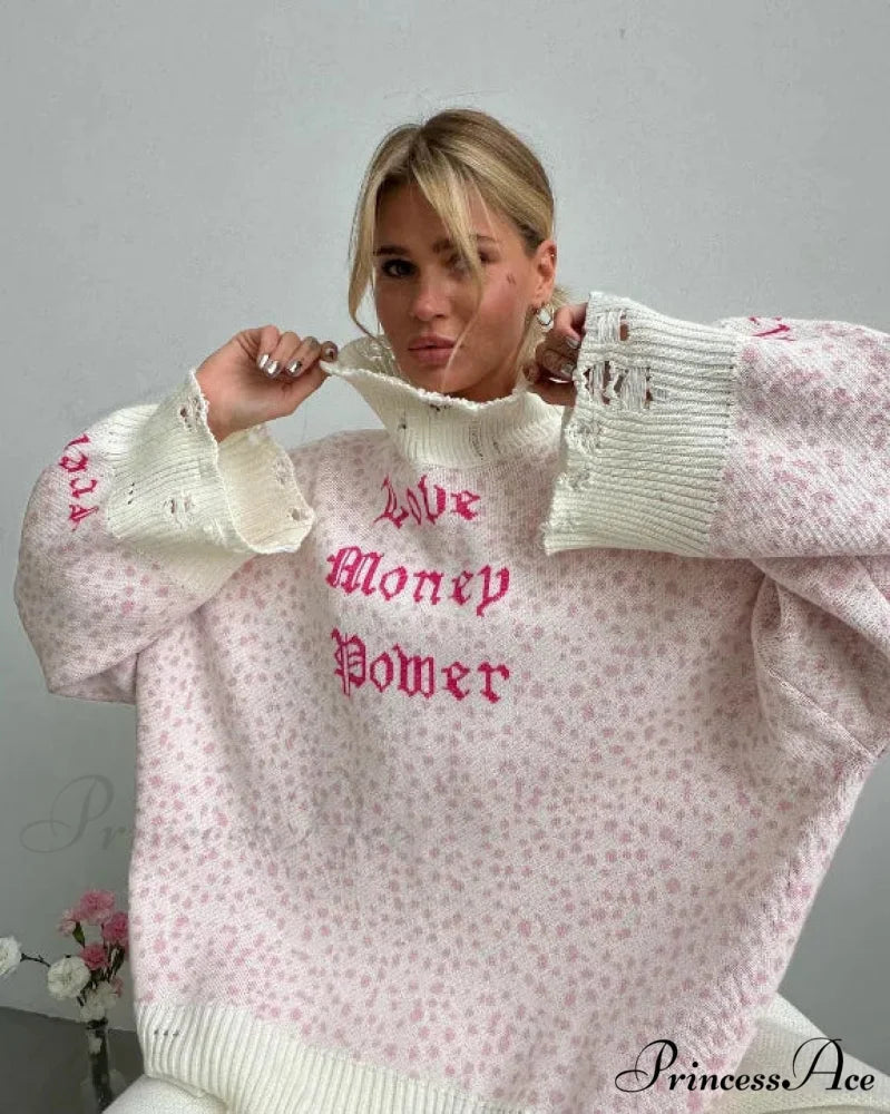 Letter Embroidery Inactive Style Sweater Leopard Print / One Size swraters-241228