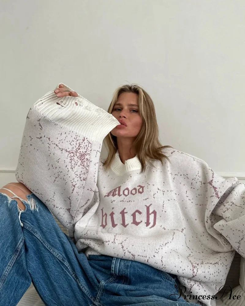 Letter Embroidery Inactive Style Sweater White / One Size swraters-241228