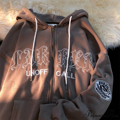 Letter Embroidery Vintage Loose Zipper Hoodies Coffee / S Sweatshirts & Hoodies-L