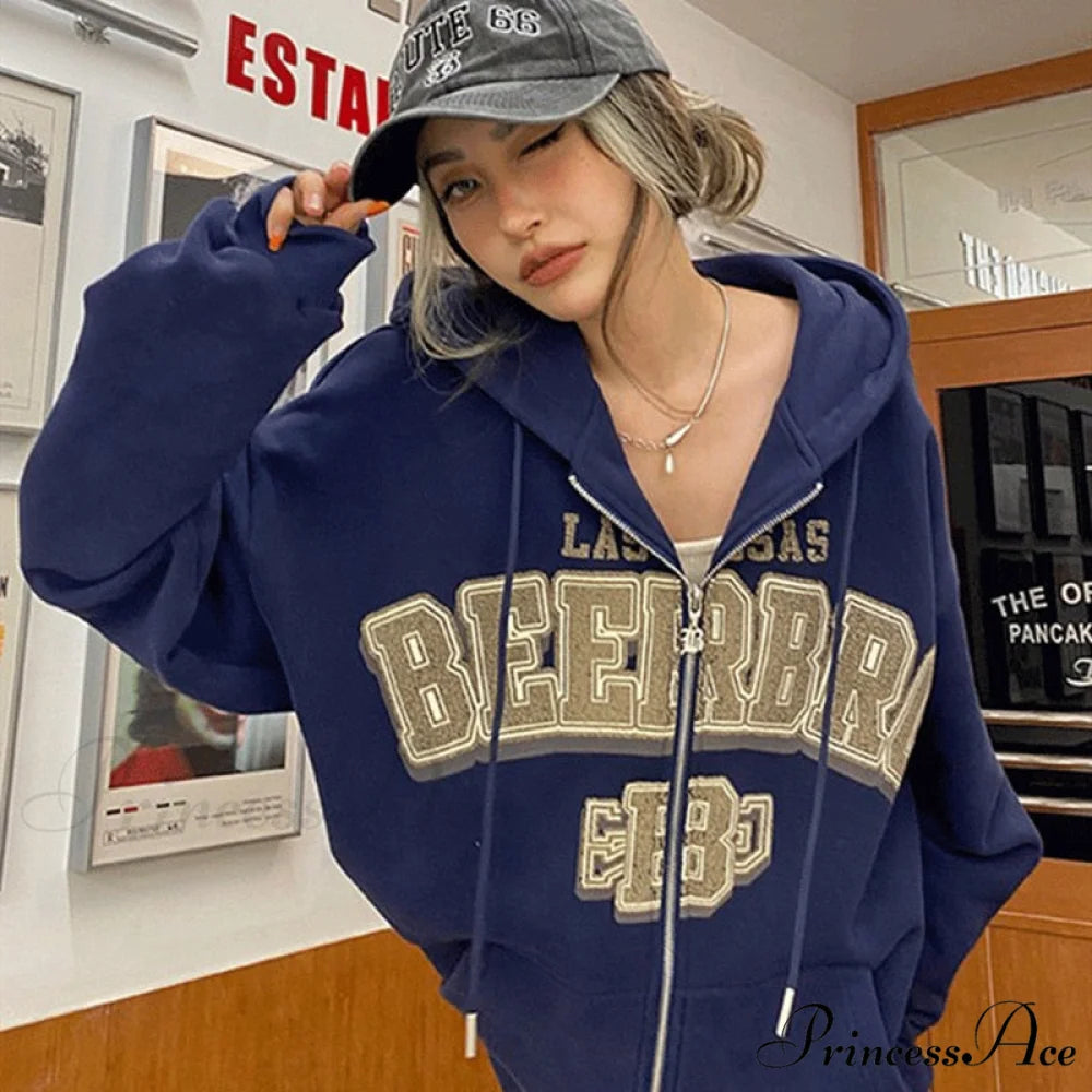 Letter Embroidery Vintage Loose Zipper Hoodies Dark blue / S Sweatshirts & Hoodies-L
