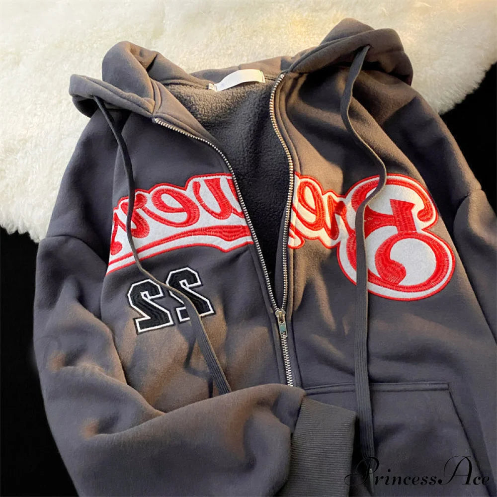 Letter Embroidery Vintage Loose Zipper Hoodies Dark grey / S Sweatshirts & Hoodies-L