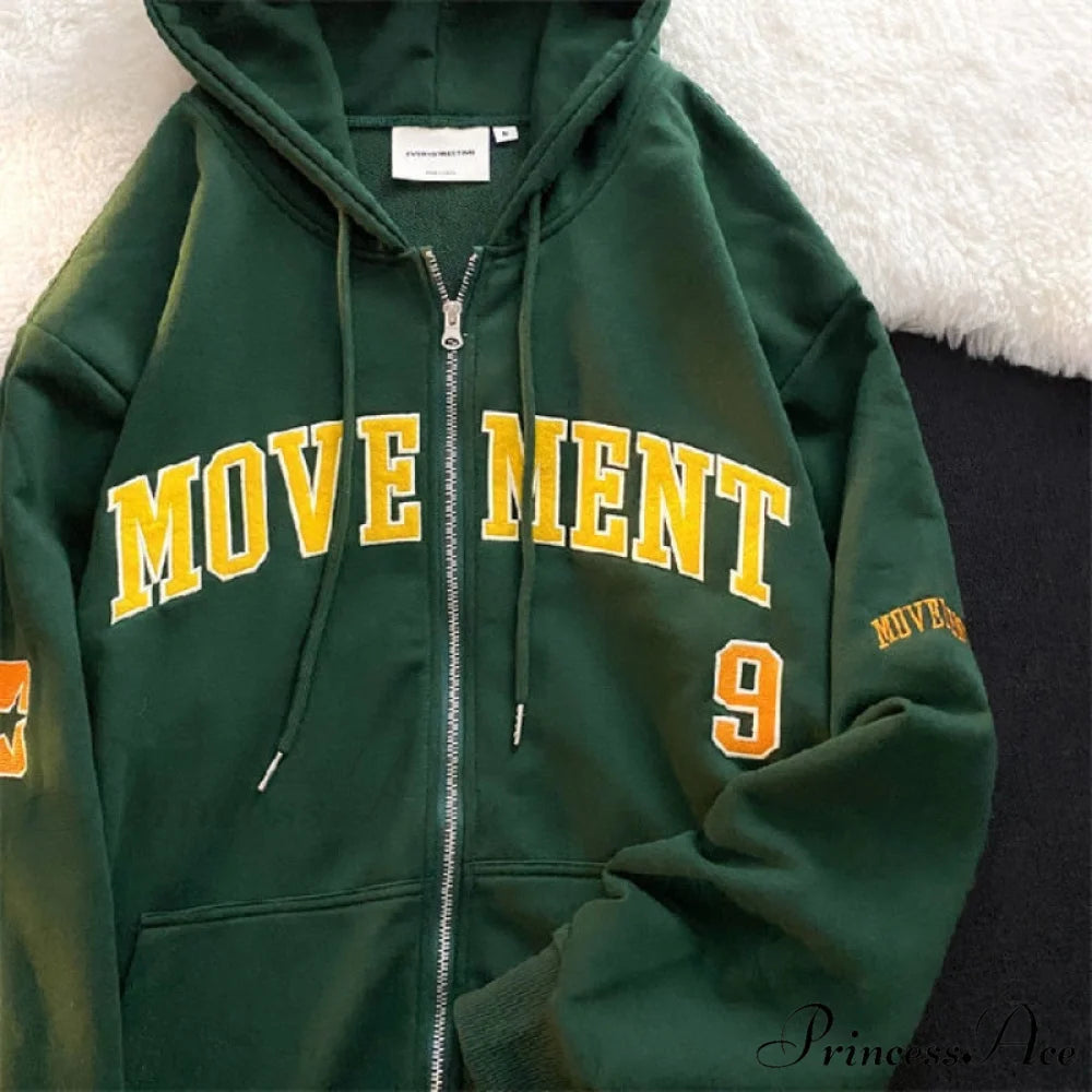 Letter Embroidery Vintage Loose Zipper Hoodies Green / S