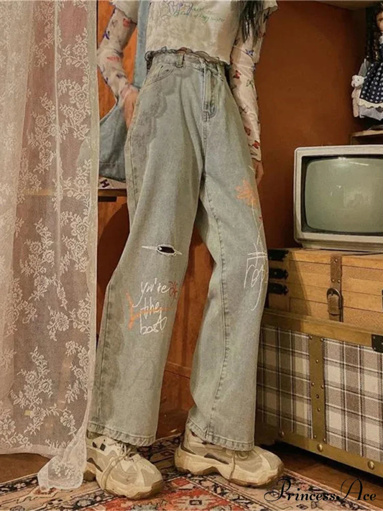 Letter Flower Print Ripped Jeans