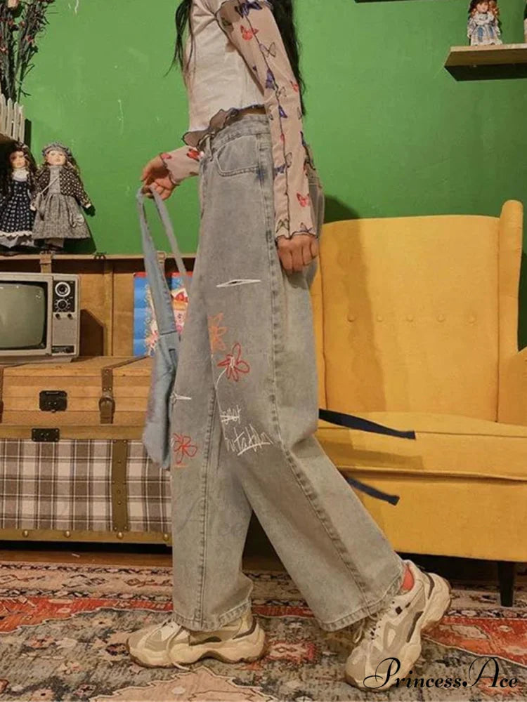 Letter Flower Print Ripped Jeans