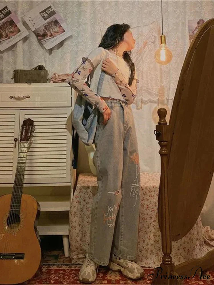 Letter Flower Print Ripped Jeans