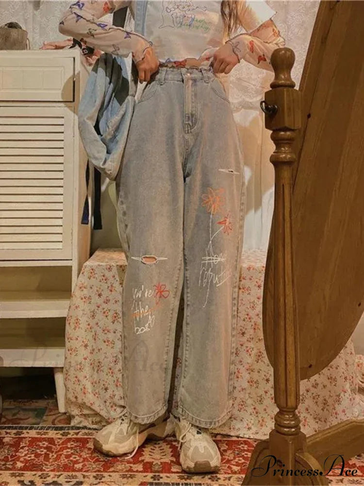 Letter Flower Print Ripped Jeans