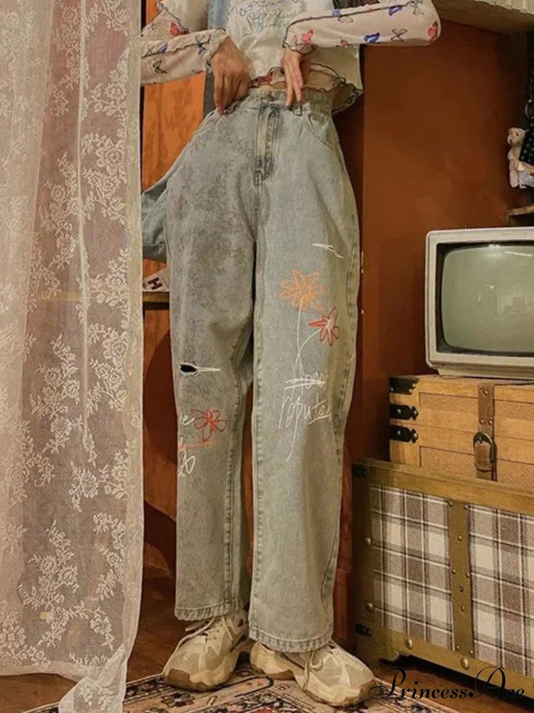 Letter Flower Print Ripped Jeans